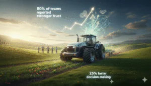 Cross-functional team members from an Indian tractor manufacturer joining hands in a field, representing the culture transformation and collaboration Excellential built through its Breaking Silos program