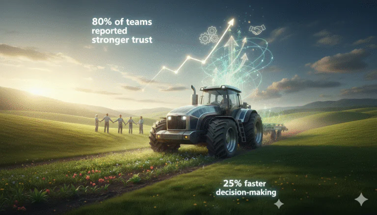 Cross-functional team members from an Indian tractor manufacturer joining hands in a field, representing the culture transformation and collaboration Excellential built through its Breaking Silos program
