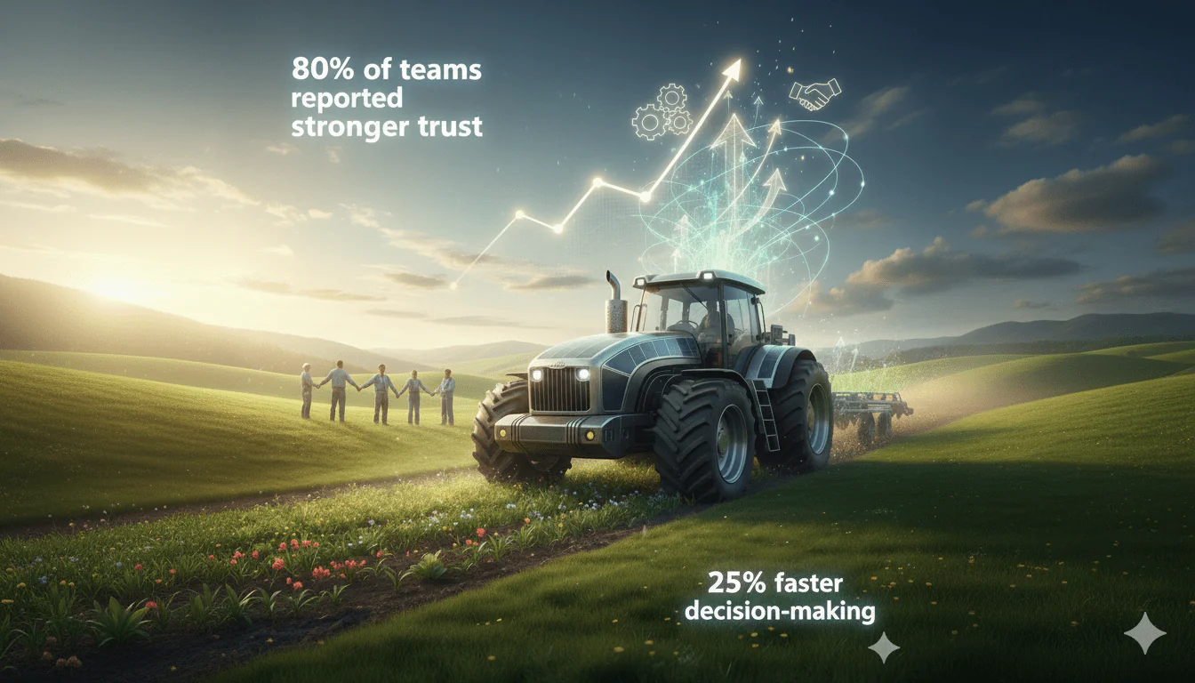 Cross-functional team members from an Indian tractor manufacturer joining hands in a field, representing the culture transformation and collaboration Excellential built through its Breaking Silos program