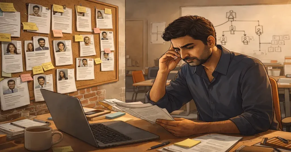 Startup founder in India reviewing candidate resumes and hiring board — seven hiring mistakes to avoid across the first 50 hires in an early-stage startup