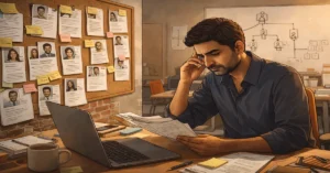 Startup founder in India reviewing candidate resumes and hiring board — seven hiring mistakes to avoid across the first 50 hires in an early-stage startup