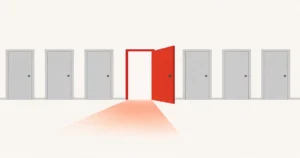 Flat vector illustration of a row of closed grey doors with one open red door, representing the many decision-makers a seller never reaches in an enterprise sales process.