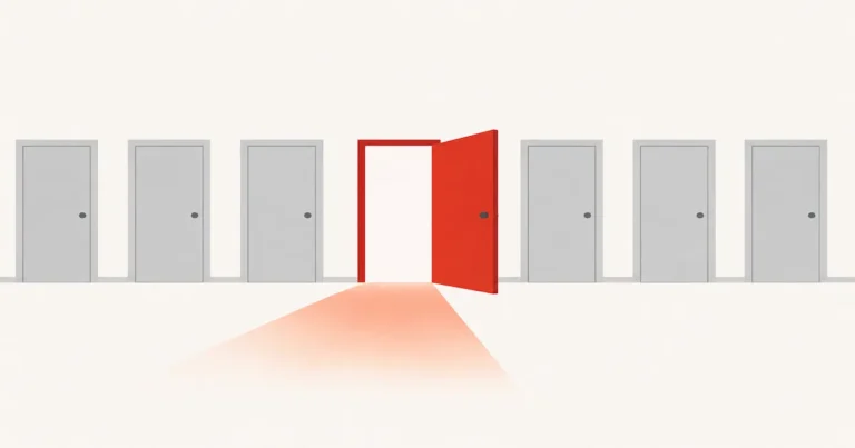 Flat vector illustration of a row of closed grey doors with one open red door, representing the many decision-makers a seller never reaches in an enterprise sales process.
