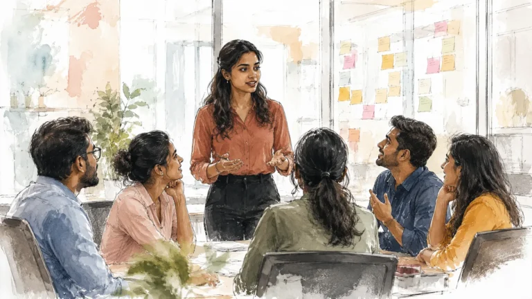 First-time manager in an Indian workplace leading a small team in a stand-up meeting