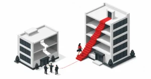 Illustration of leadership readiness: a high-potential employee walks to a competitor while her old company realises too late it never developed her