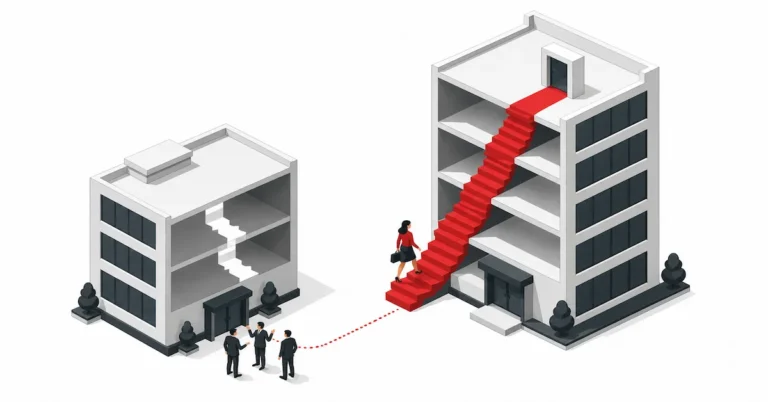 Illustration of leadership readiness: a high-potential employee walks to a competitor while her old company realises too late it never developed her