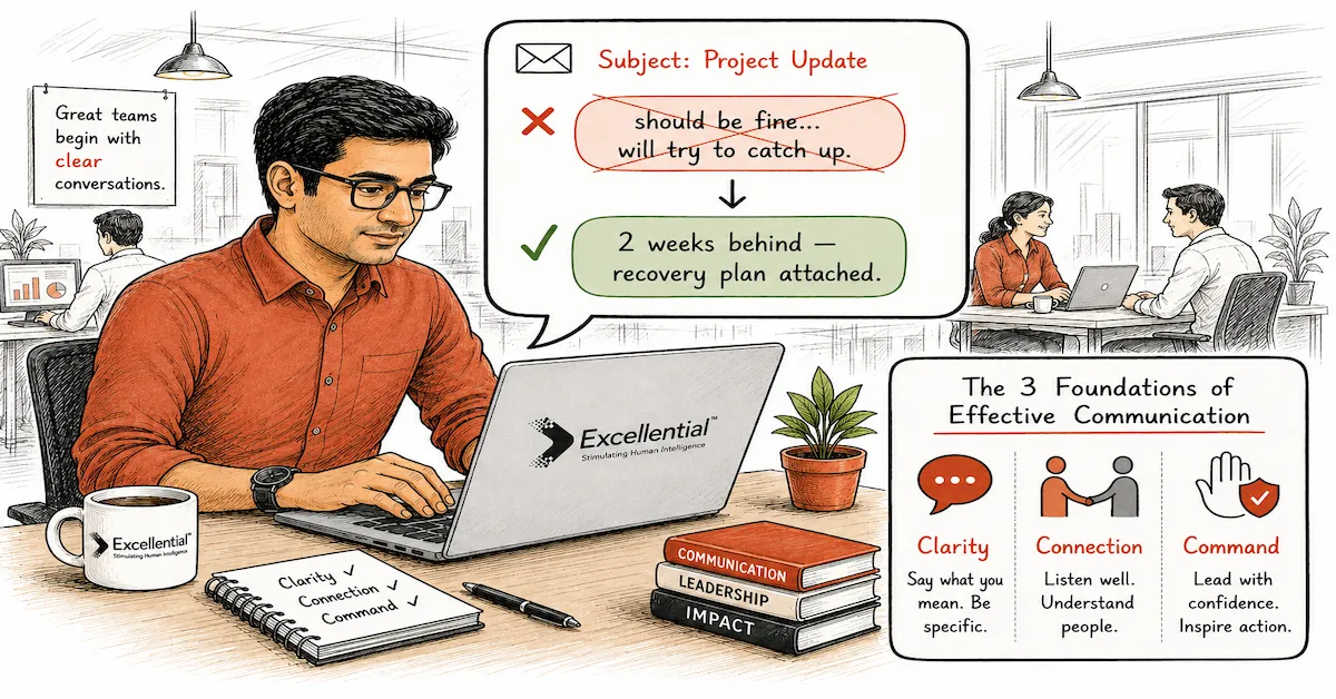Illustration of an Indian professional replacing a vague status update with clear business communication at work.