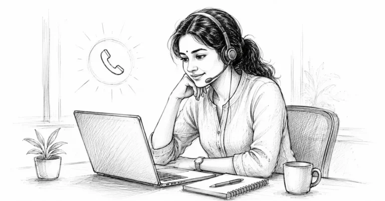 Hand-sketched illustration of an Indian customer support agent listening attentively on a call at her laptop