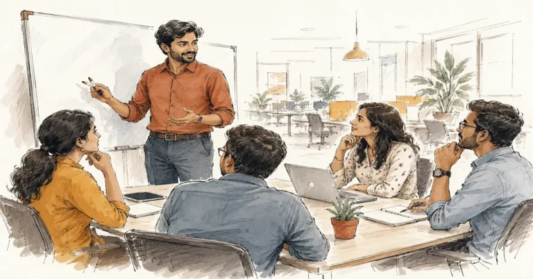 Hand-drawn illustration of a first-time manager guiding a small team in an Indian office, representing first-time manager training in India.