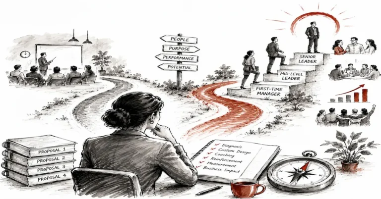 HR leader evaluating leadership development company proposals in India, comparing leadership programmes based on diagnosis, coaching, behaviour change and business impact.