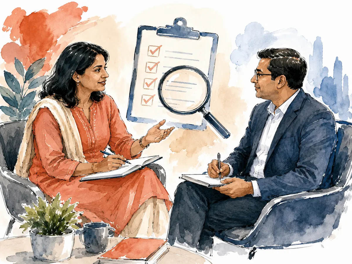 HR leader asking a leadership training vendor diagnosis questions, watercolor illustration