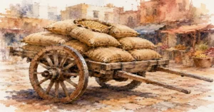 Watercolour illustration of an overloaded bullock cart in an Indian market, symbolising a startup HR compliance checklist and the legal obligations that build up as headcount grows