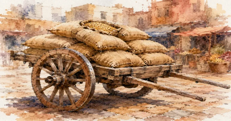 Watercolour illustration of an overloaded bullock cart in an Indian market, symbolising a startup HR compliance checklist and the legal obligations that build up as headcount grows