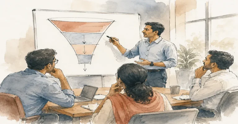 Indian B2B sales professional comparing sales training companies in India during a client meeting, representing a sales training buyer’s guide.