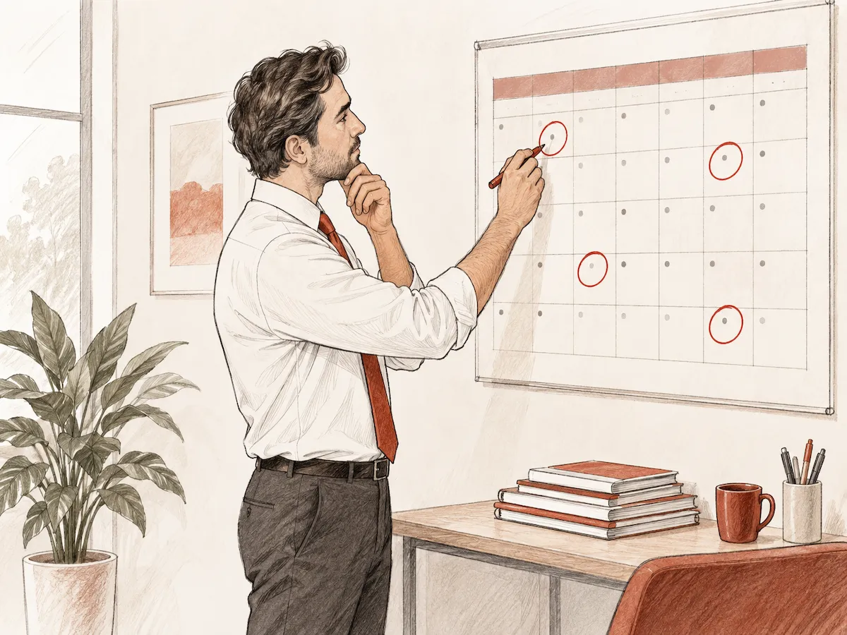 Hand-sketched illustration of an Indian L&D manager marking 30, 60 and 90-day training reinforcement checkpoints on a planning board