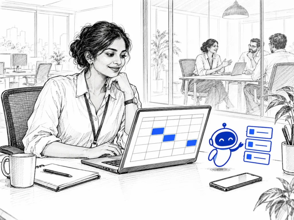 Indian HR business partner reviewing a shared interview calendar on her laptop while an AI scheduling assistant suggests time slots