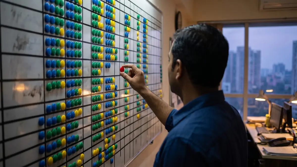 An operations planner in a navy shirt holds one red magnet up to a planning board already full of blue, green and yellow magnets, at dusk