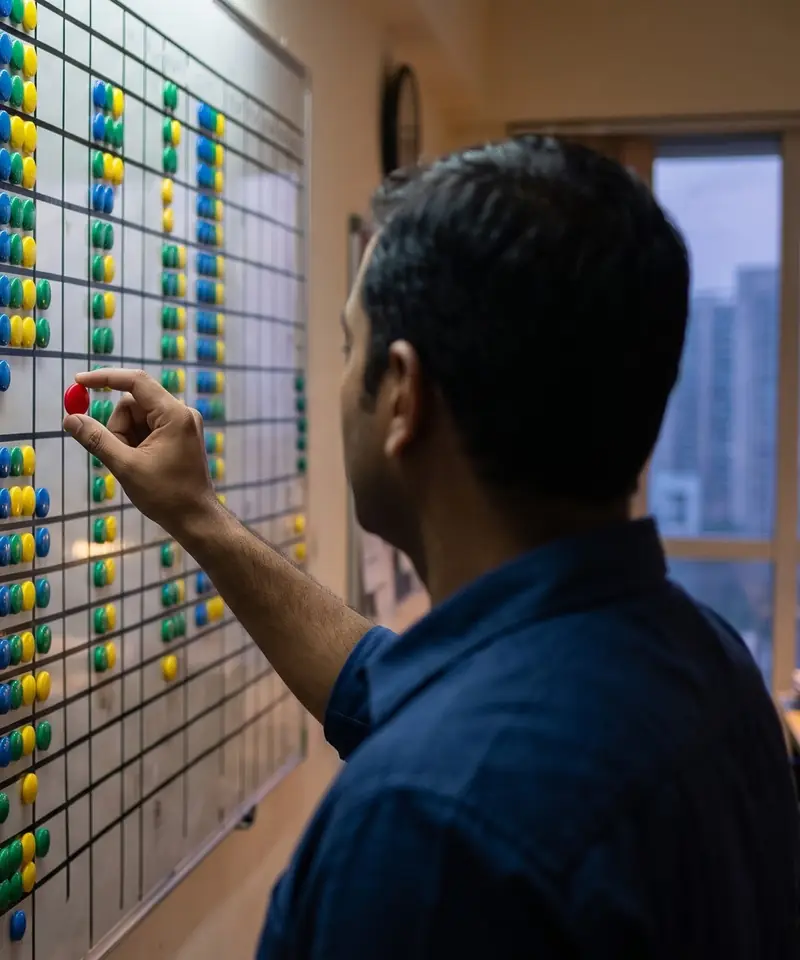 A planner, seen from behind, holds one red magnet up to a full planning board of blue, green and yellow magnets