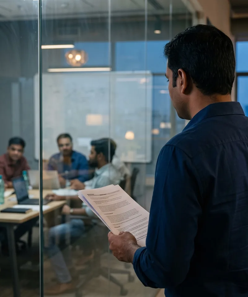 A team lead, seen from behind, holds a printed report outside a glass meeting room where his team waits