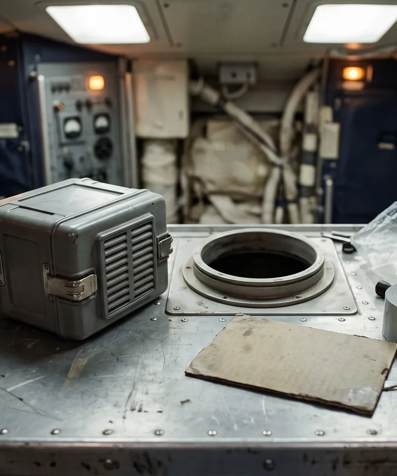 A square filter canister beside a round opening in a spacecraft panel, with duct tape, cardboard, a hose and a sock nearby