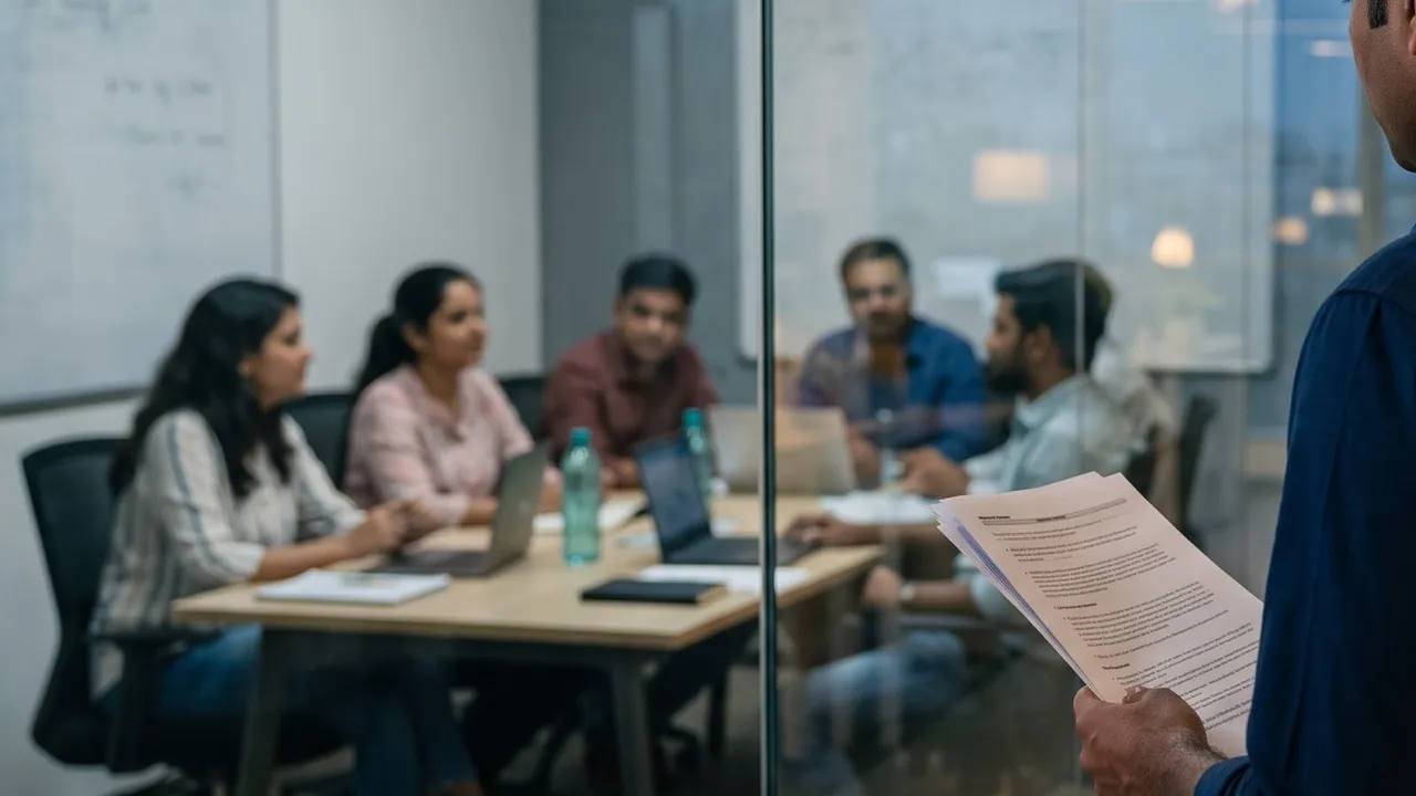 A team of Indian professionals, women and men, wait around a meeting table behind a glass wall