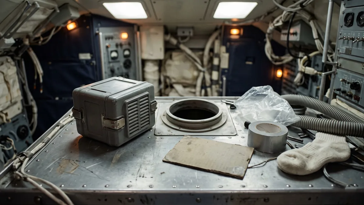 A square grey filter canister beside a round opening in a spacecraft panel, with duct tape, cardboard, a plastic bag, a hose and a sock nearby